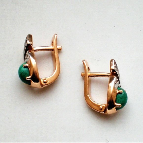 Russian Russia 14K 585 Rose Pink Gold Malachite CZ Cluster Pierced Earrings